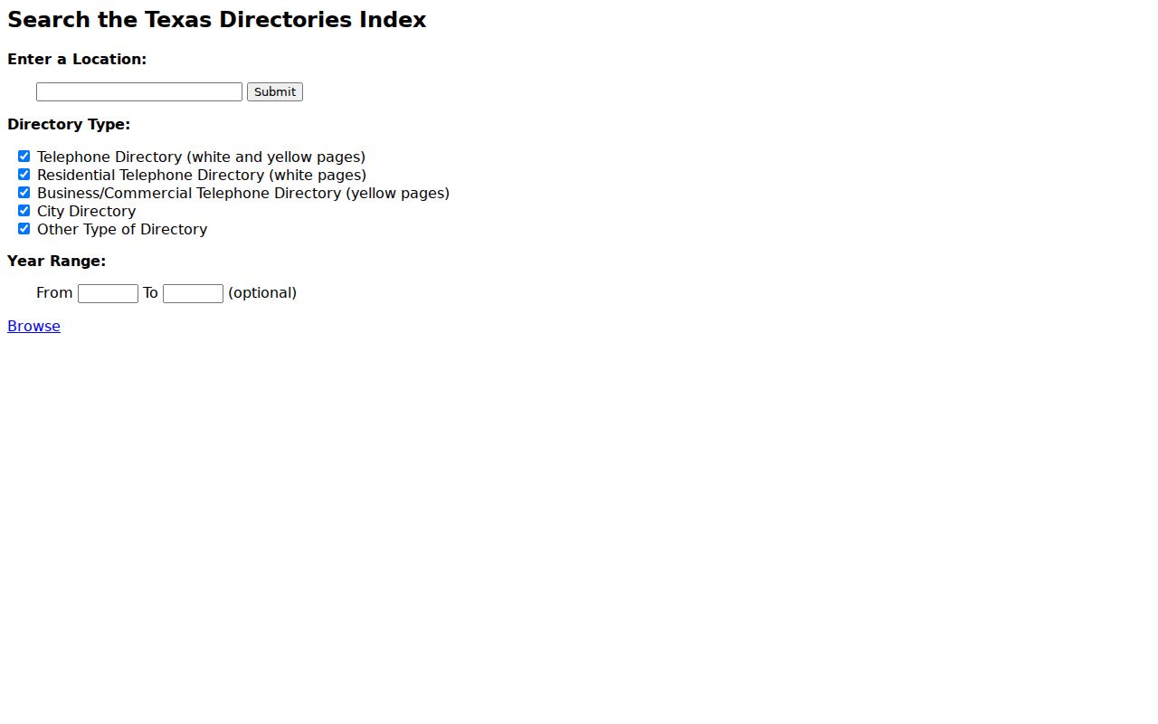 Missouri City city directory search controls at UT Briscoe