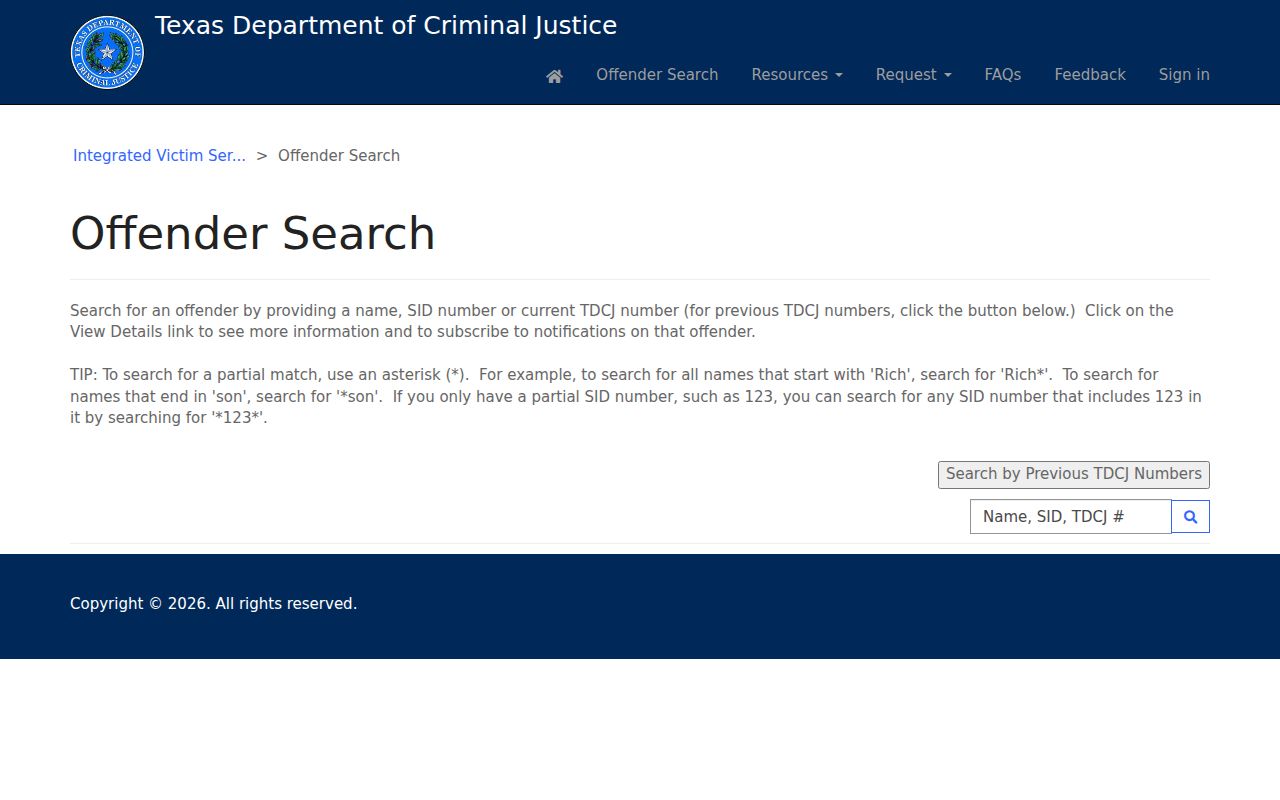 Missouri City neighbors reference showing Texas Department of Criminal Justice offender search controls