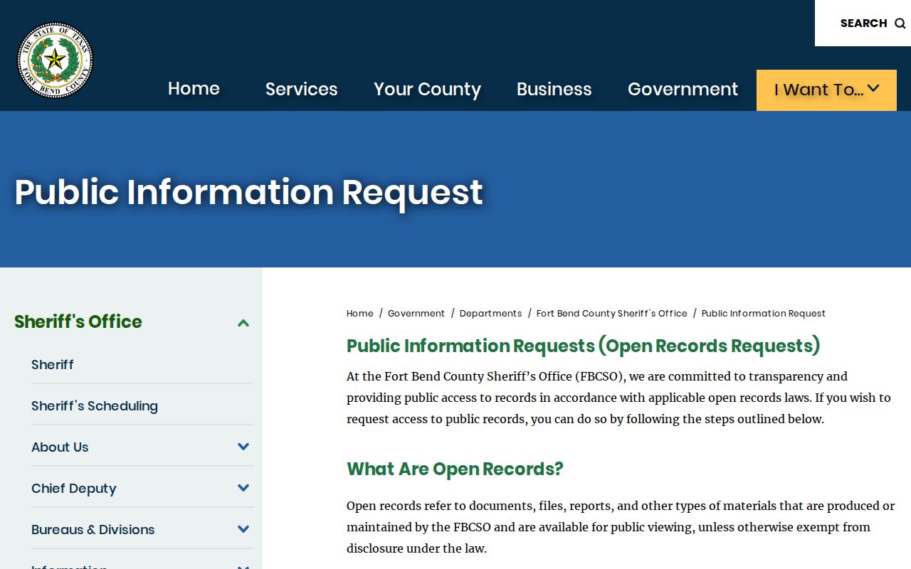 Missouri City resident lookup reference showing Fort Bend Sheriff public information request page