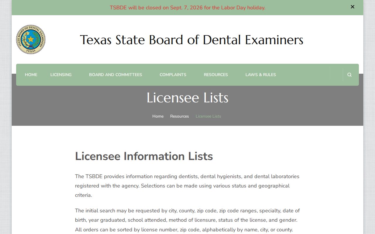 Missouri City resident lookup reference showing Texas dental licensee list filters