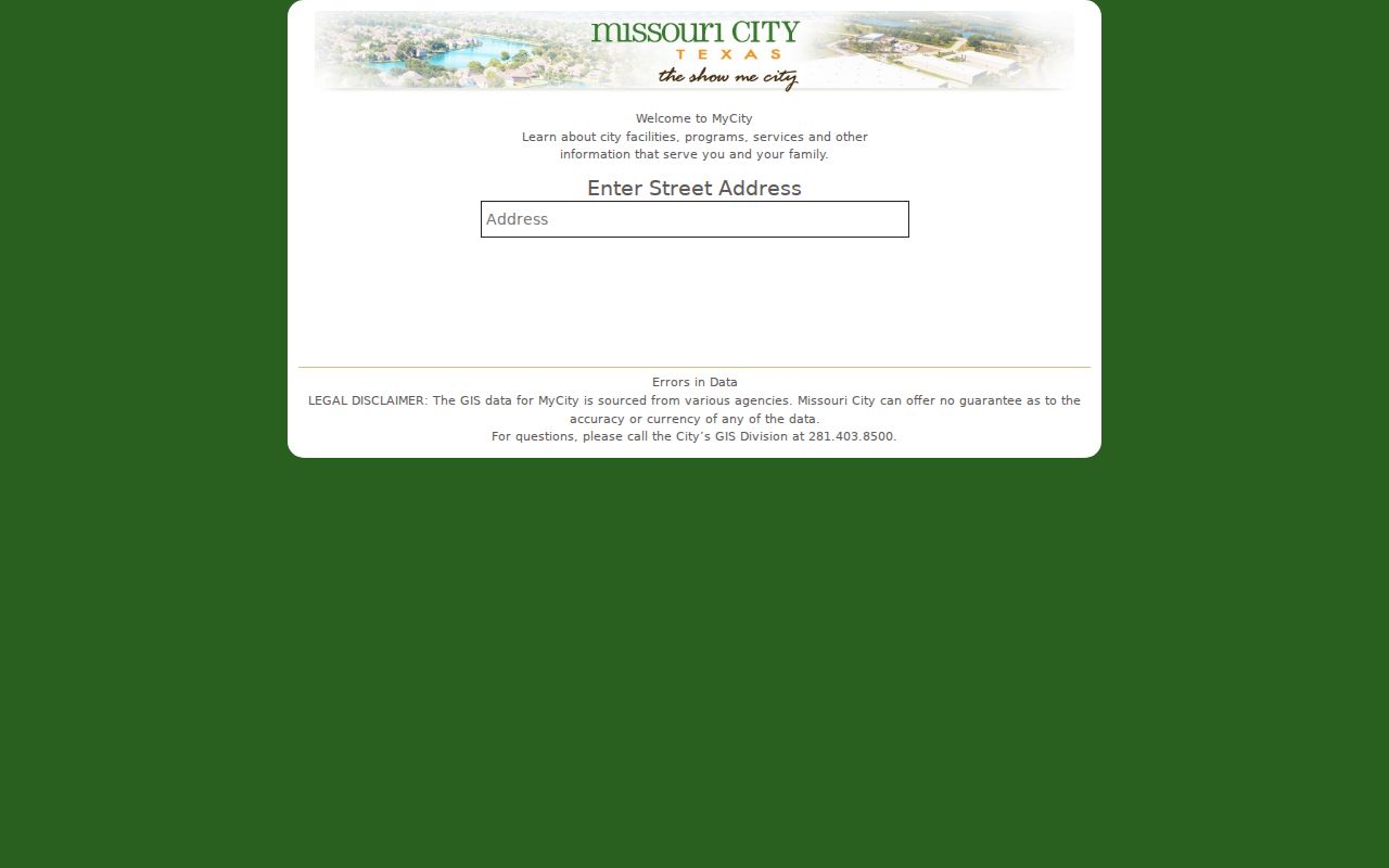 Missouri City street directory MyCity GIS address lookup screen